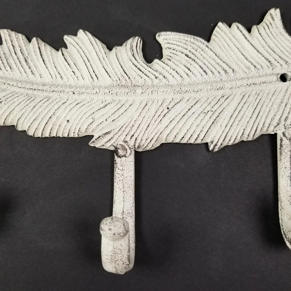 Cast Iron Feather Wall Hook Rack 3 Hooks Distressed White Rustic‎ Farmhouse 11.5